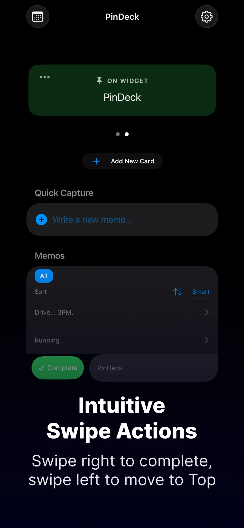 PinDeck quick capture and swipe actions
