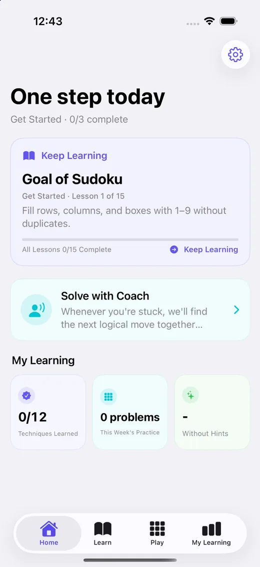 SudokuLearnLogic home screen showing Keep Learning, Solve with Coach, and learning progress