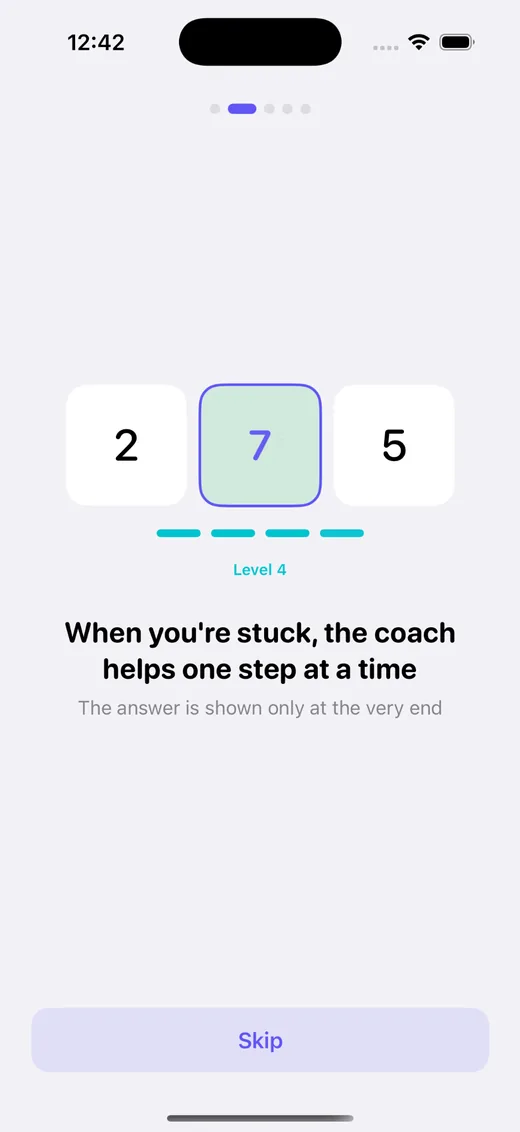 Onboarding screen explaining four levels of coaching