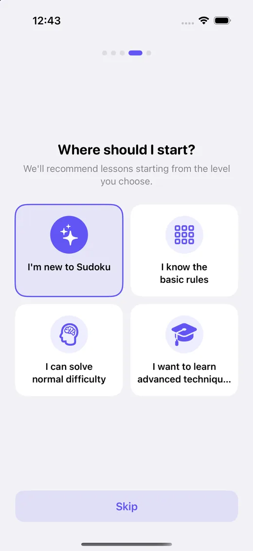 Onboarding screen for selecting a Sudoku experience level