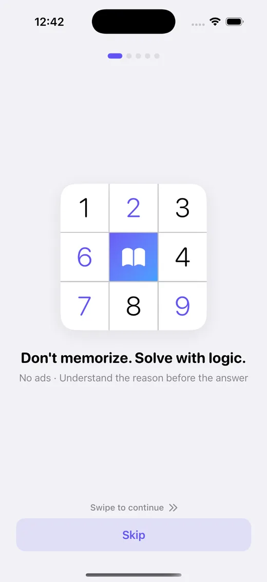 Onboarding screen: Don't memorize. Solve with logic.