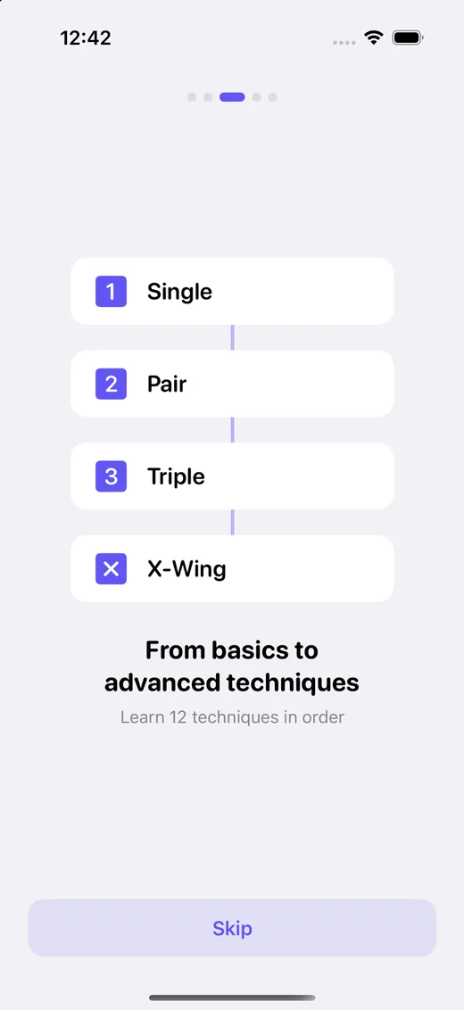 Onboarding screen showing Singles, Pairs, Triples, and X-Wing learning path