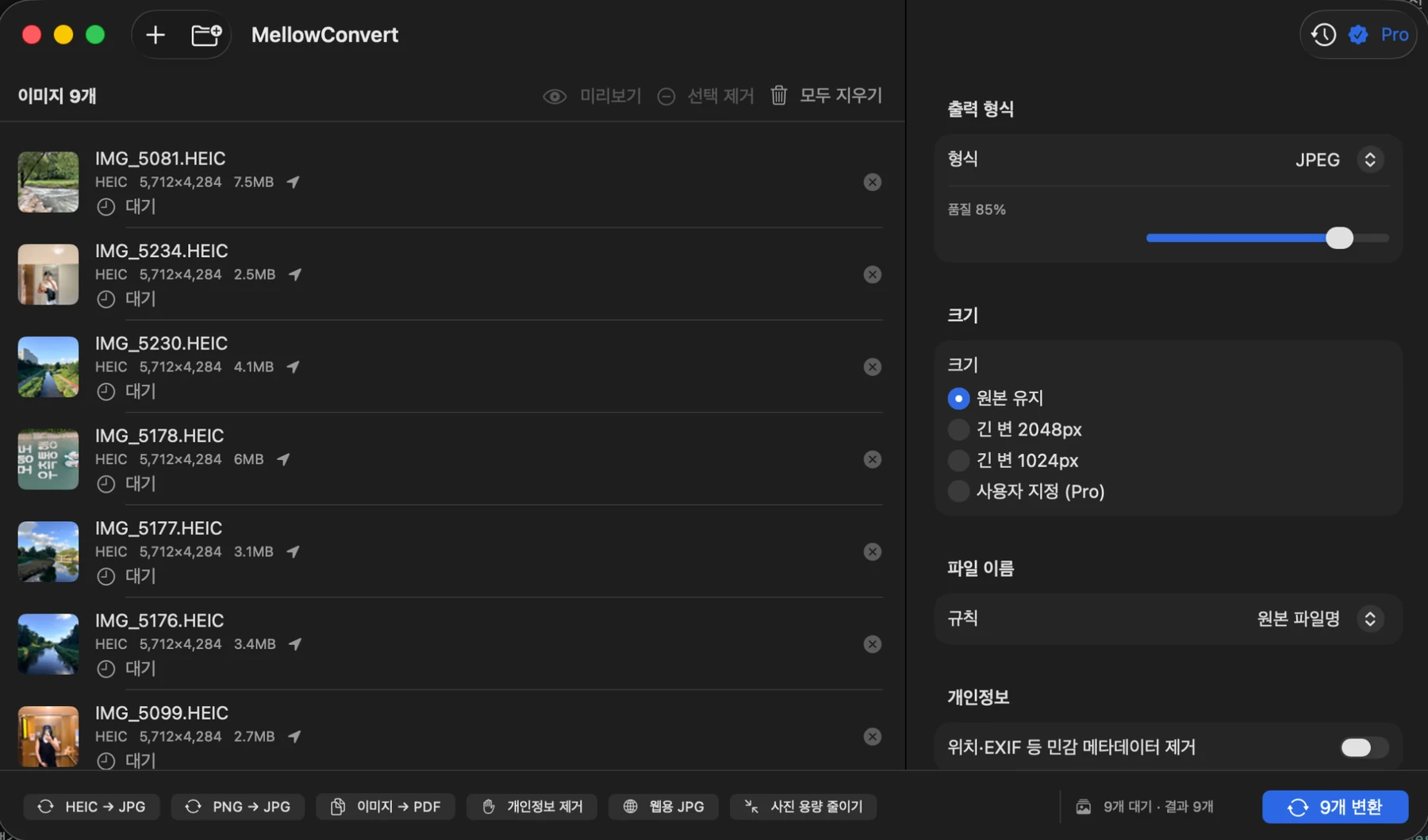 Nine HEIC images queued for JPEG conversion in MellowConvert