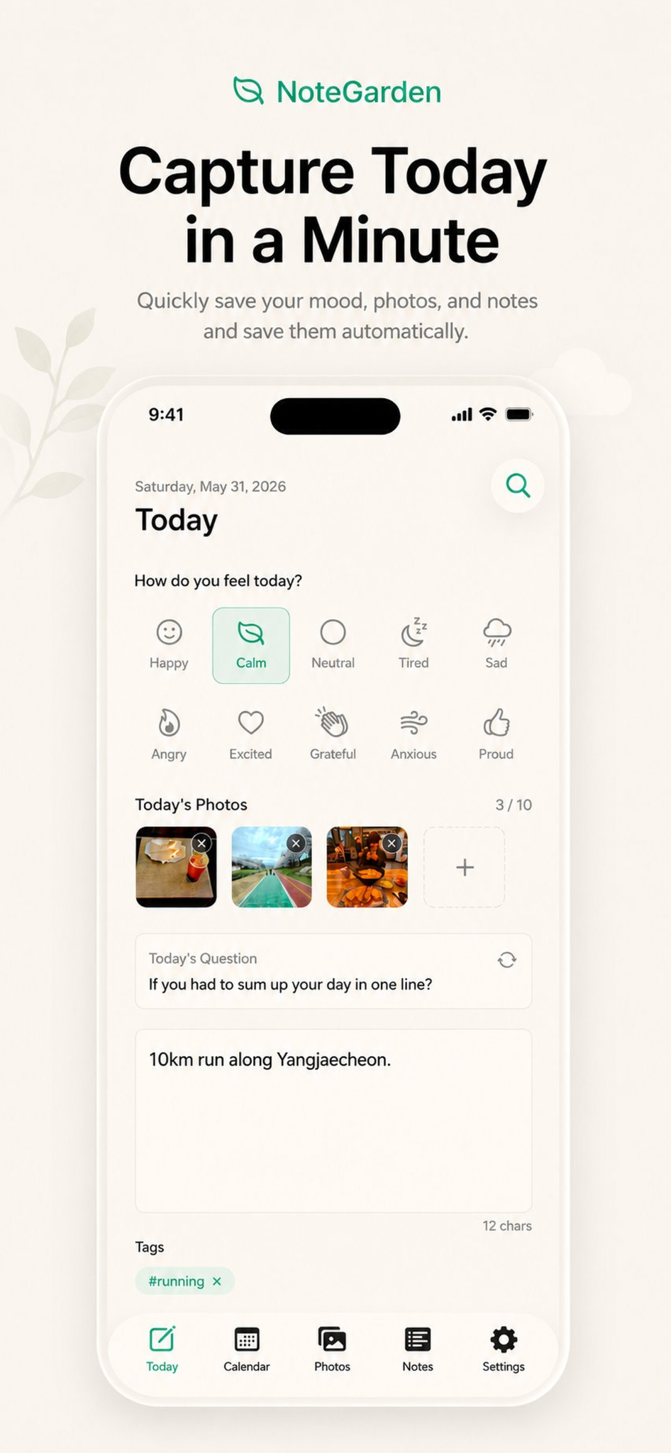 NoteGarden Today screen showing mood, photos, a daily question, note, and tags