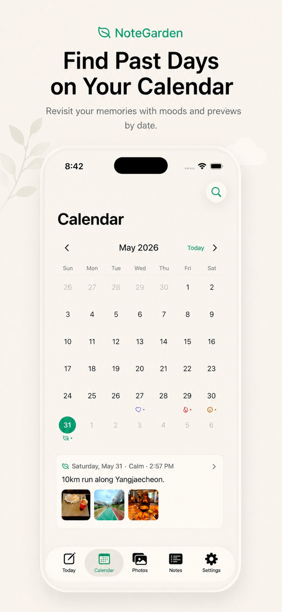 NoteGarden Calendar screen