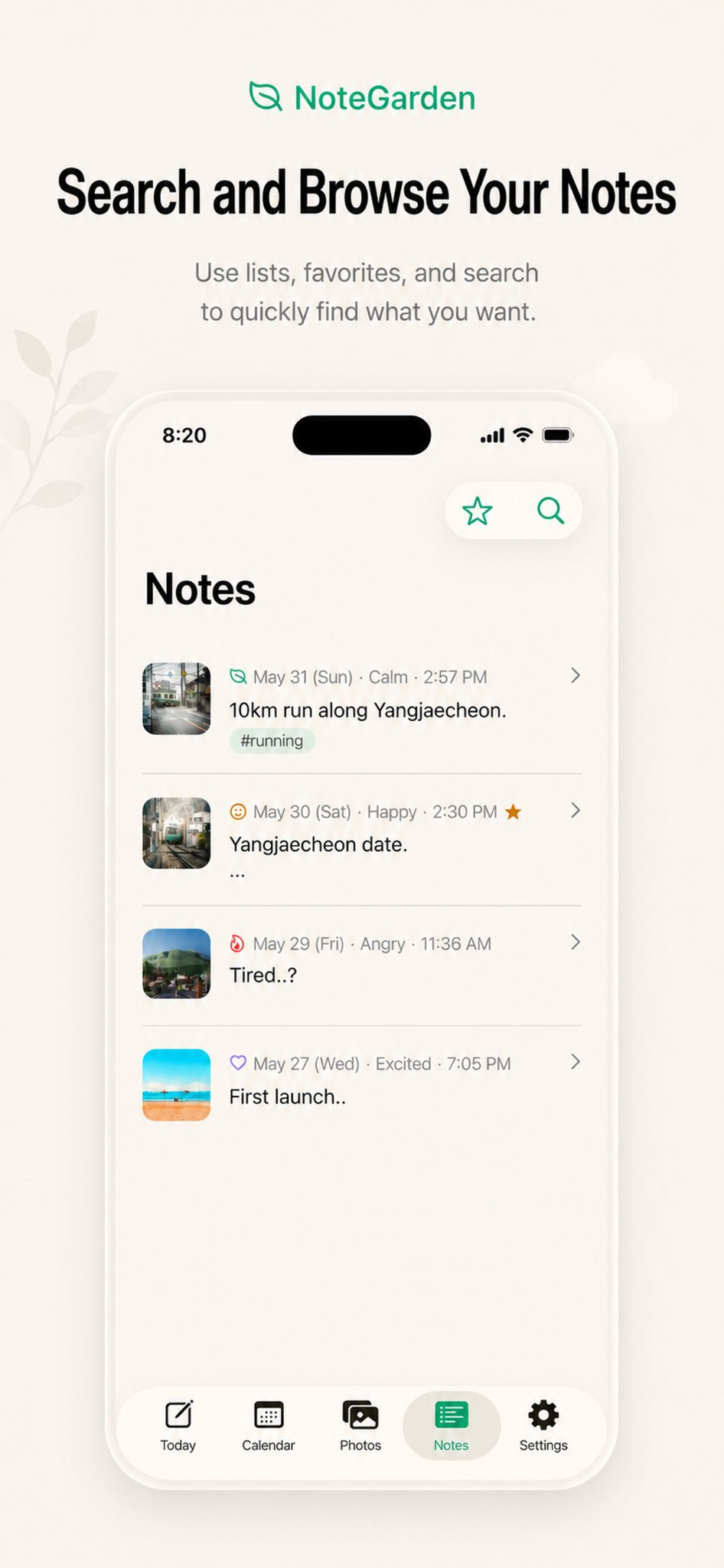 NoteGarden Notes list and search