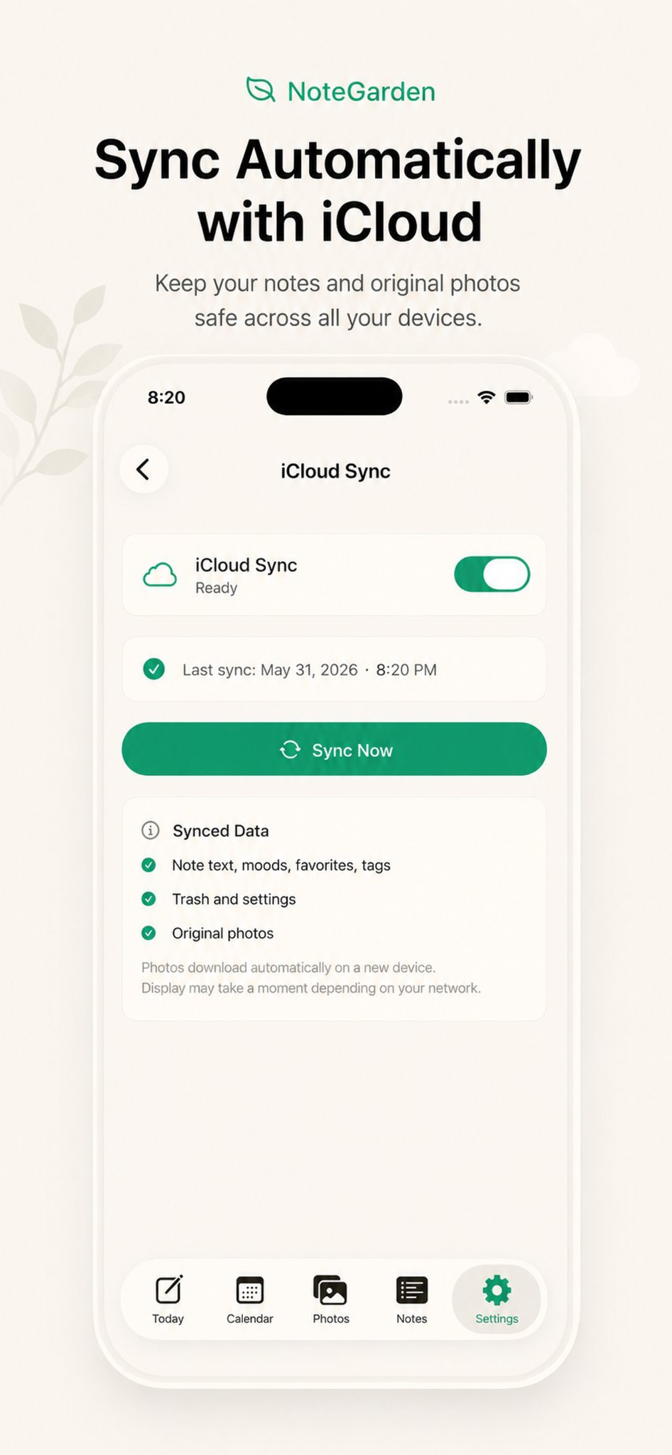 NoteGarden iCloud Sync screen