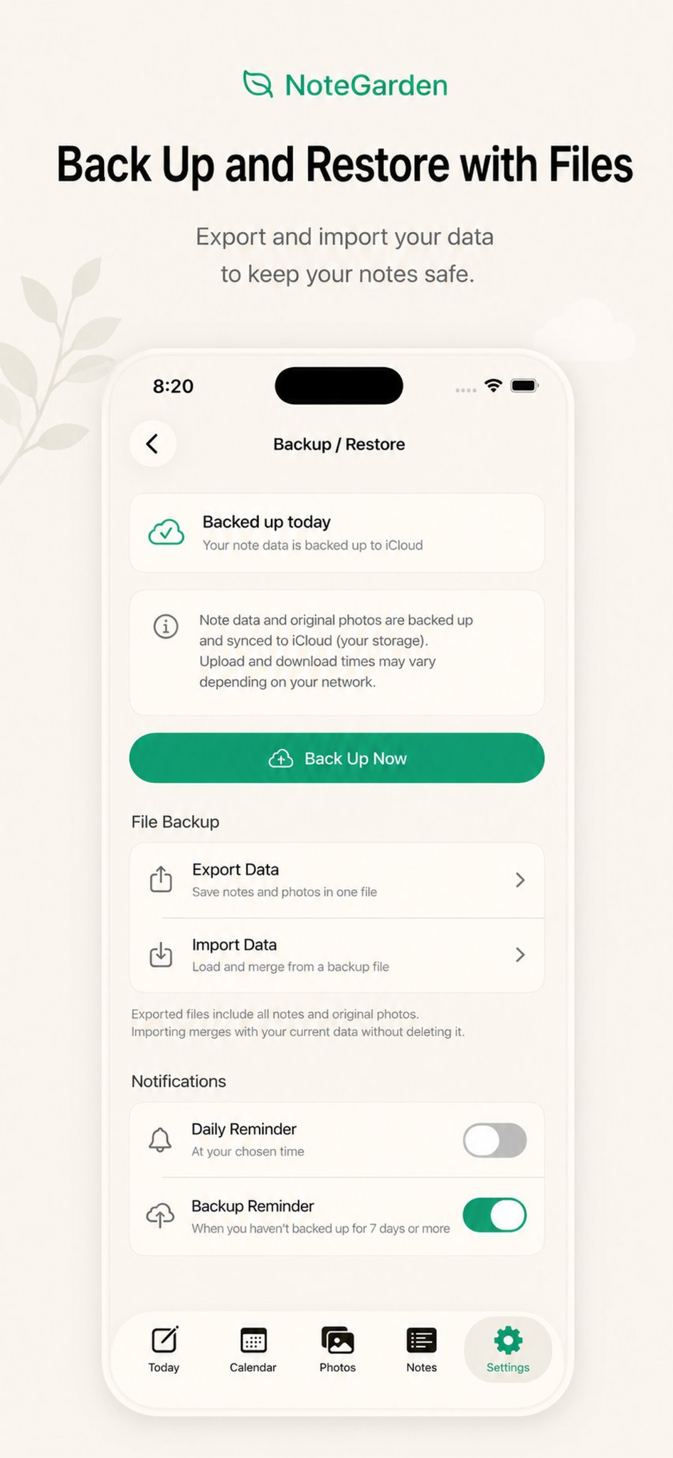 NoteGarden Backup and Restore screen