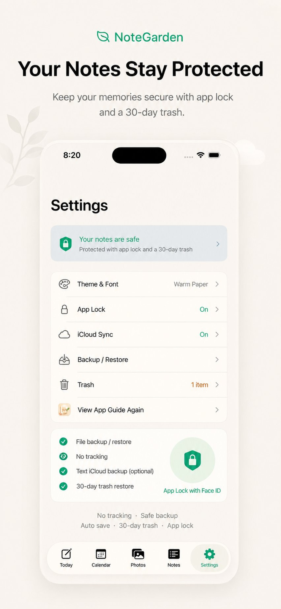 NoteGarden privacy and App Lock settings