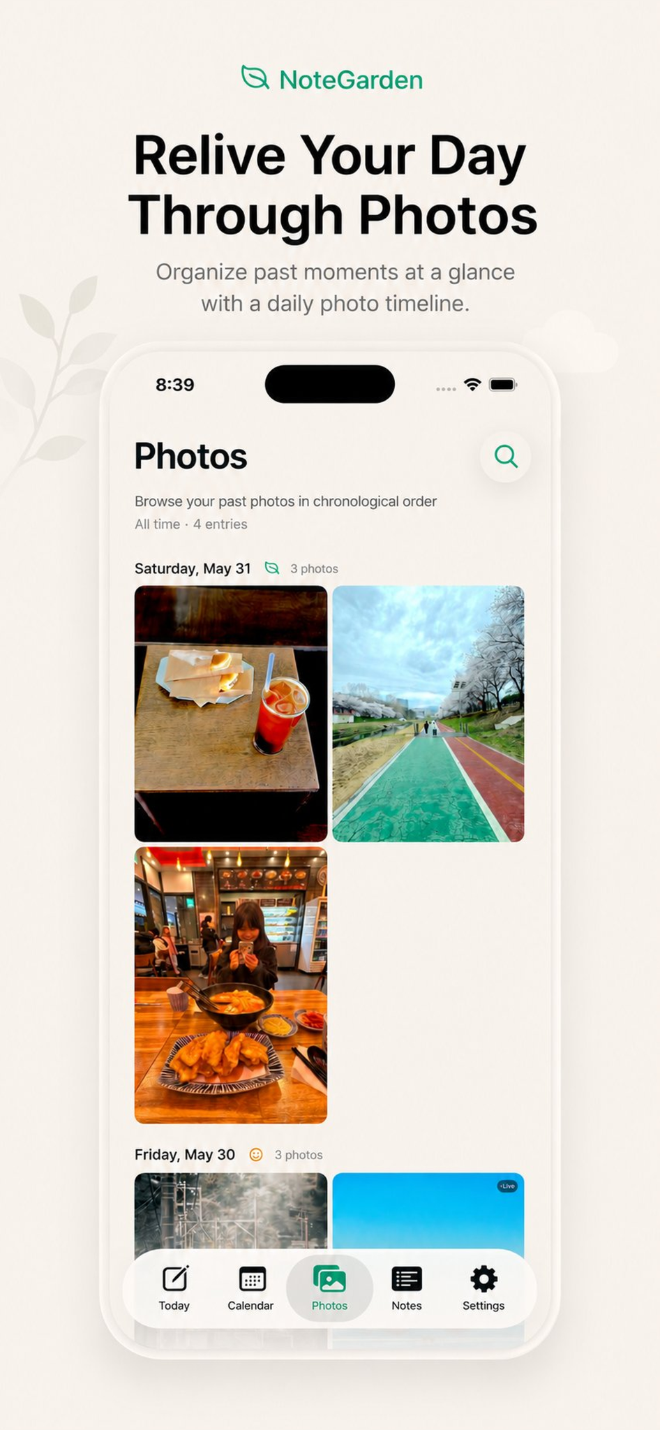 NoteGarden photo timeline